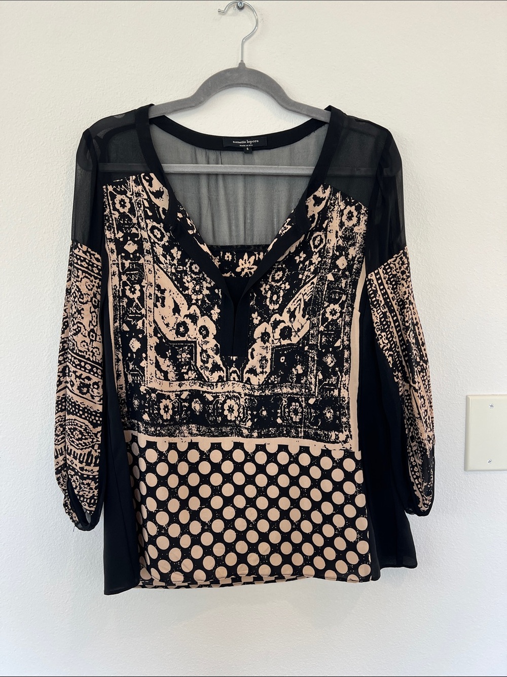 Nanette Lepore Black and Beige Printed V-Neck Blouse